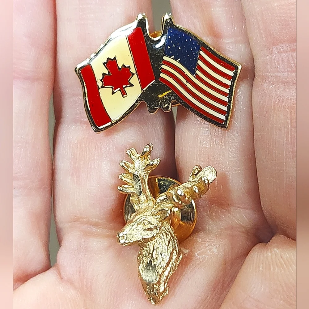 Pair of Canadian Bull Elk & Canada/USA Friendship Flags Lapel Pins